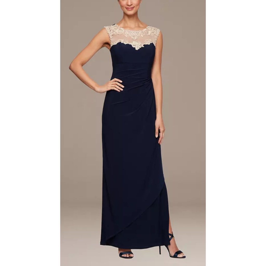 Alex Evenings Dress Navy Blue Gold 8 Long Ruffle Wedding Cruise Formal New — image 4 of 8